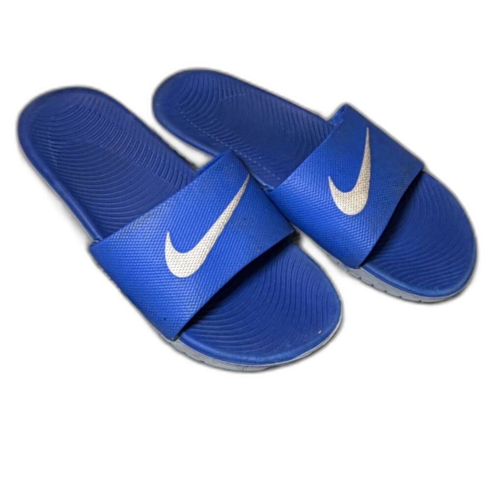 Nike Boys Size 3Y Kawa Slide Sandals Blue White Swoosh Slip On Athletic Pool